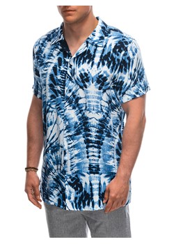 Wiskozowa wzorzysta męska koszula z krótkim rękawem OM-SHPS-0113 - biała/granatowa V12 ze sklepu ombre w kategorii Koszule męskie - zdjęcie 173958056