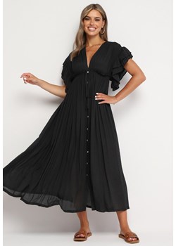 Czarna Taliowana Sukienka z Bawełny Ozdobiona Falbanami przy Rękawach i Gumką w Talii Rivasie ze sklepu Born2be Odzież w kategorii Sukienki - zdjęcie 173959105