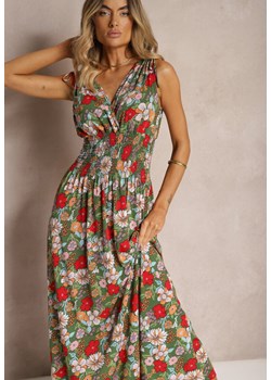Zielono-Czerwona Rozkloszowana Sukienka w Kwiatowy Print ze Sznureczkami przy Ramionach Wlanda ze sklepu Renee odzież w kategorii Sukienki - zdjęcie 173959489
