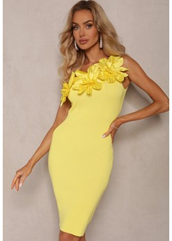 Żółta Asymetryczna Sukienka Koktajlowa z Wiskozą Ozdobiona Kwiatami 3D Wisbene ze sklepu Renee odzież w kategorii Sukienki - zdjęcie 173959606
