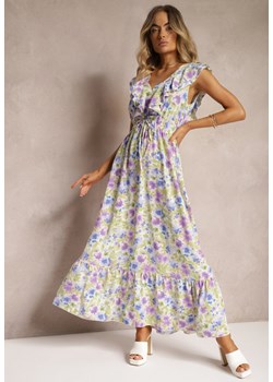 Jasnozielona Sukienka z Gumką w Talii w Kwiatowy Wzór z Falbankami Arivia ze sklepu Renee odzież w kategorii Sukienki - zdjęcie 173959716