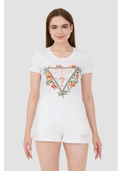 GUESS Biały t-shirt Triangle Flowers, Wybierz rozmiar XL ze sklepu outfit.pl w kategorii Bluzki damskie - zdjęcie 173970097