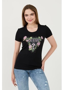 GUESS Czarny t-shirt Floral Triangle Tee, Wybierz rozmiar XL ze sklepu outfit.pl w kategorii Bluzki damskie - zdjęcie 173970189