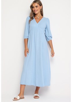Jasnoniebieska Rozkloszowana Bawełniana Sukienka Boho z Wiązaniem i Gumką w Talii Lawla ze sklepu Born2be Odzież w kategorii Sukienki - zdjęcie 173976099