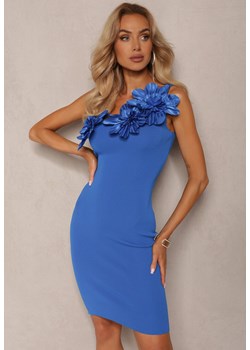 Niebieska  Asymetryczna Sukienka Koktajlowa z Wiskozą Ozdobiona Kwiatami 3D Wisbene ze sklepu Renee odzież w kategorii Sukienki - zdjęcie 173976387