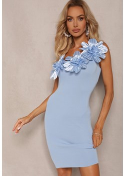 Niebieska Asymetryczna Sukienka Koktajlowa z Wiskozą Ozdobiona Kwiatami 3D Wisbene ze sklepu Renee odzież w kategorii Sukienki - zdjęcie 173980619