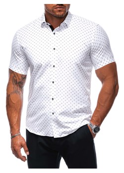 Koszula męska z krótkim rękawem 685K - biała/brązowa ze sklepu Edoti w kategorii Koszule męskie - zdjęcie 173995496