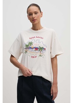 Polo Ralph Lauren t-shirt z domieszką lnu kolor beżowy 211935617 ze sklepu ANSWEAR.com w kategorii Bluzki damskie - zdjęcie 173998776