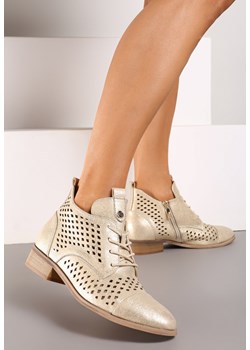 Złote Płaskie Botki z Ażurowym Zdobieniem Skórzaną Wkładką i Sznurowaniem Jagelia ze sklepu renee.pl w kategorii Botki - zdjęcie 174003246