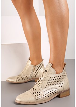 Złote Ażurowe Wiązane Botki na Płaskiej Podeszwie ze Skórzaną Wkładką Tagelia ze sklepu born2be.pl w kategorii Botki - zdjęcie 174005238