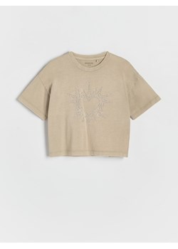 Reserved - T-shirt z cyrkoniami - beżowy ze sklepu Reserved w kategorii Bluzki dziewczęce - zdjęcie 174007415