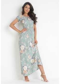 Jasnozielona Sukienka Maxi w Kwiaty z Ozdobnym Wiązaniem przy Dekolcie i Krótkimi Rękawami Paninthe ze sklepu Born2be Odzież w kategorii Sukienki - zdjęcie 174014286