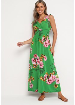 Zielona Rozkloszowana Sukienka w Kwiaty z Wiązaniami na Ramionach Saloa ze sklepu Born2be Odzież w kategorii Sukienki - zdjęcie 174016235