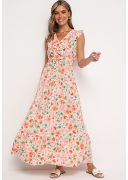 Różowo-Pomarańczowa Zwiewna Sukienka z Falbankami i Kwiatowym Wzorem Zenivia ze sklepu Born2be Odzież w kategorii Sukienki - zdjęcie 174016438