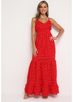 Czerwona Koktajlowa Kwiatowa Sukienka na Ramiączkach z Regulacją i Gumką w Talii Navinae ze sklepu Born2be Odzież w kategorii Sukienki - zdjęcie 174026349