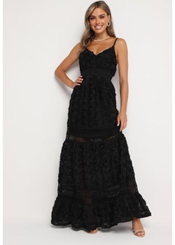 Czarna Koktajlowa Kwiatowa Sukienka na Ramiączkach z Regulacją i Gumką w Talii Navinae ze sklepu Born2be Odzież w kategorii Sukienki - zdjęcie 174032898