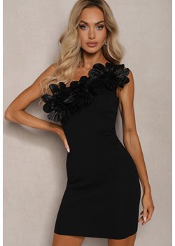Czarna Asymetryczna Sukienka Koktajlowa z Wiskozą Ozdobiona Kwiatami 3D Wisbene ze sklepu Renee odzież w kategorii Sukienki - zdjęcie 174050246
