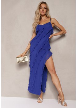 Niebieska Dopasowana Sukienka na Ramiączkach z Rozcięciem i Falbankami Nellatia ze sklepu Renee odzież w kategorii Sukienki - zdjęcie 174050256