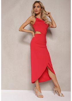 Czerwona Wieczorowa Sukienka na Jedno Ramię z Wycięciem Ozdobiona Metalową Klamrą Xanlea ze sklepu Renee odzież w kategorii Sukienki - zdjęcie 174060117