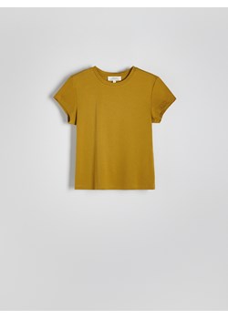 Reserved - T-shirt slim fit z domieszką jedwabiu - oliwkowy ze sklepu Reserved w kategorii Bluzki damskie - zdjęcie 174077478