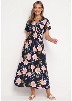 Granatowo-Różowa Kwiatowa Rozkloszowana Sukienka z Bawełną Naviriels ze sklepu Born2be Odzież w kategorii Sukienki - zdjęcie 174083096