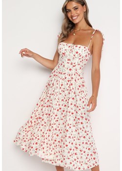 Beżowo-Czerwona Sukienka na Wiązanych Ramiączkach z Elastyczną Gumką na Plecach w Drobne Kwiaty Rivasorri ze sklepu Born2be Odzież w kategorii Sukienki - zdjęcie 174121836