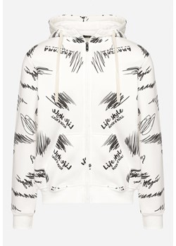 Biała Bluza z Bawełną Zapinana na Suwak z Napisami i Kapturem Wykończona Polarem Hadela ze sklepu Born2be Odzież w kategorii Bluzy męskie - zdjęcie 174124167