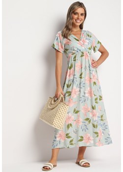 Jasnozielona Kwiatowa Rozkloszowana Sukienka z Bawełną Naviriels ze sklepu Born2be Odzież w kategorii Sukienki - zdjęcie 174138798
