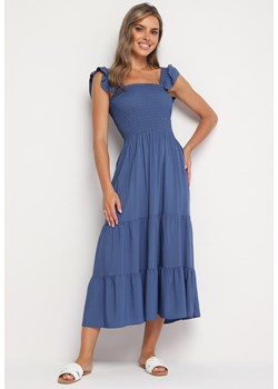 Niebieska Rozkloszowana Sukienka z Bawełny na Ramiączkach z Falbanami Navitio ze sklepu Born2be Odzież w kategorii Sukienki - zdjęcie 174141508