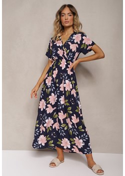 Granatowo-Różowa Taliowana Sukienka w Kwiaty z Dodatkiem Bawełny z Kopertowym Dekoltem Navianes ze sklepu Renee odzież w kategorii Sukienki - zdjęcie 174141539