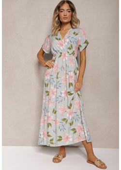 Jasnozielona Taliowana Sukienka w Kwiaty z Dodatkiem Bawełny z Kopertowym Dekoltem Navianes ze sklepu Renee odzież w kategorii Sukienki - zdjęcie 174141549