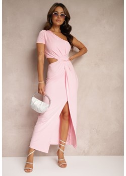 Różowa Asymetryczna Sukienka z Dodatkiem Wiskozy Zdobiona Wycięciem i Marszczeniem Evilara ze sklepu Renee odzież w kategorii Sukienki - zdjęcie 174168747