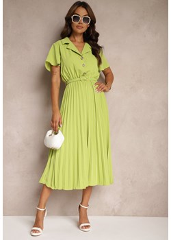 Zielona Plisowana Rozkloszowana Sukienka z Paskiem Guzikami i Gumką w Talii Nelaika ze sklepu Renee odzież w kategorii Sukienki - zdjęcie 174169705