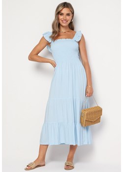 Jasnoniebieska Rozkloszowana Bawełniana Sukienka na Ramiączkach z Gumkami i Falbanką Mevesta ze sklepu Born2be Odzież w kategorii Sukienki - zdjęcie 174351876