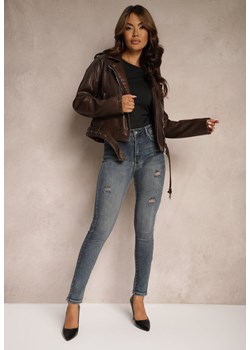 Granatowe Bawełniane Skinny Jeansy Ozdobione Przetarciami Evialyn ze sklepu Renee odzież w kategorii Jeansy damskie - zdjęcie 174358986