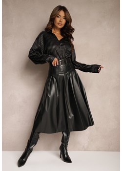 Czarna Plisowana Spódnica o Rozkloszowanym Kroju High Waist z Ekoskóry Ozdobiona Paskiem Evissall ze sklepu Renee odzież w kategorii Spódnice - zdjęcie 174359625