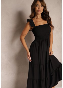 Czarna Sukienka z Bawełny na Ramiączkach Ozdobiona Falbanami i Gumkami Mevalys ze sklepu Renee odzież w kategorii Sukienki - zdjęcie 174359765