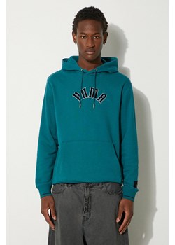 Puma bluza bawełniana Classics Play Paris Hoodie męska kolor turkusowy z kapturem z aplikacją 626766 ze sklepu PRM w kategorii Bluzy męskie - zdjęcie 174537746