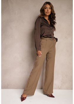 Ciemnobeżowe Spodnie z Wiskozą o Szerokim Kroju High Waist z Paskiem Mavalise ze sklepu Renee odzież w kategorii Spodnie damskie - zdjęcie 174554887