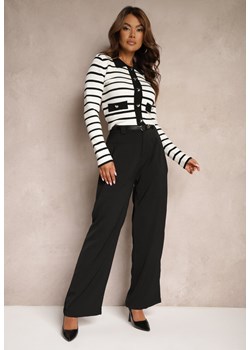 Czarne Szerokie Spodnie Garniturowe z Gumką w Talii Ozdobione Paskiem Verillias ze sklepu Renee odzież w kategorii Spodnie damskie - zdjęcie 174560889