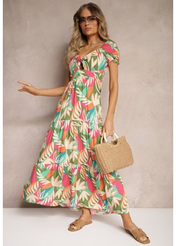 Zielona Rozkloszowana Kwiatowa Sukienka z Wiskozy Ozdobiona Falbanką i Wiązaniem Mevanya ze sklepu Renee odzież w kategorii Sukienki - zdjęcie 174563998