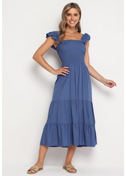 Niebieska Rozkloszowana Bawełniana Sukienka na Ramiączkach z Gumkami i Falbanką Mevesta ze sklepu Born2be Odzież w kategorii Sukienki - zdjęcie 174568085