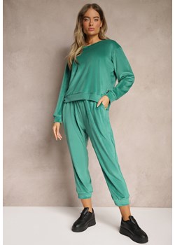 Zielony Komplet Dresowy z Weluru Luźna Bluza z Dekoltem w V i Elastyczne Spodnie z Kieszeniami Esparkia ze sklepu Renee odzież w kategorii Dresy damskie - zdjęcie 174571045