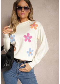 Biały Sweter z Dodatkiem Wiskozy Ozdobiony Kwiatami Lilanda ze sklepu Renee odzież w kategorii Swetry damskie - zdjęcie 174571095
