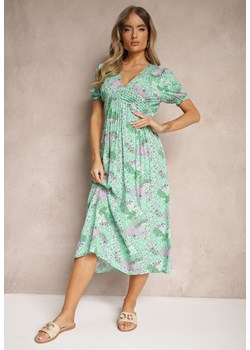 Zielona Wiskozowa Sukienka Midi z Krótkimi Rękawami i Głębokim Dekoltem Emsle ze sklepu Renee odzież w kategorii Sukienki - zdjęcie 174592915