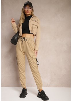 Beżowe Spodnie Dresowe Cargo High Waist z Dodatkiem Bawełny i Paskami Lerianne ze sklepu Renee odzież w kategorii Spodnie damskie - zdjęcie 174599326