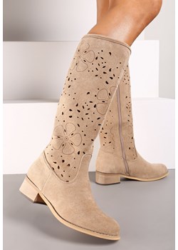 Ciemnobeżowe Kozaki na Płaskiej Podeszwie z Ażurowym Zdobieniem na Suwak Bralinda ze sklepu renee.pl w kategorii Kozaki damskie - zdjęcie 174602248
