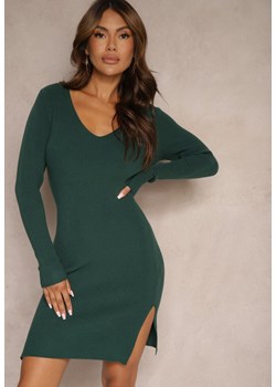 Zielona Dopasowana Sukienka Sweterkowa w Prążki z Rozcięciami na Bokach Merissia ze sklepu Renee odzież w kategorii Sukienki - zdjęcie 174630307