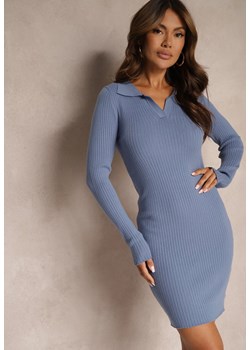 Niebieska Sukienka o Dopasowanym Fasonie z Kołnierzykiem w Prążki Merisla ze sklepu Renee odzież w kategorii Sukienki - zdjęcie 174630357
