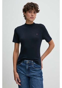 Tommy Hilfiger t-shirt bawełniany damski kolor granatowy z półgolfem ze sklepu ANSWEAR.com w kategorii Bluzki damskie - zdjęcie 174633568